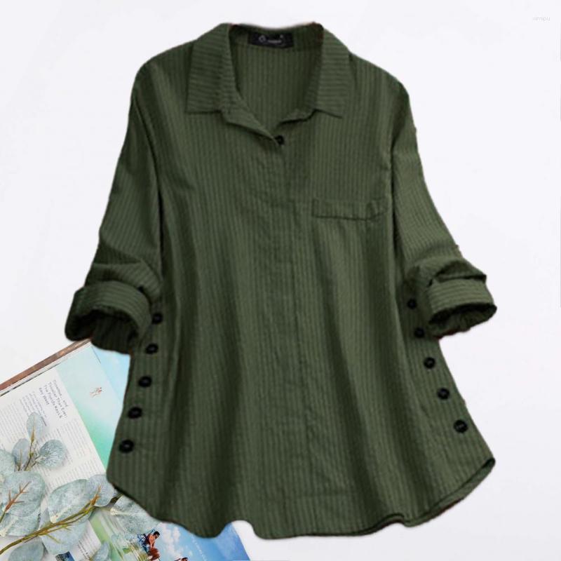 

Women's Blouses Lapel Long Sleeve Women Shirt Single-breasted Irregular Side Buttons Fake Pocket Striped Print Mid-length Top, Green