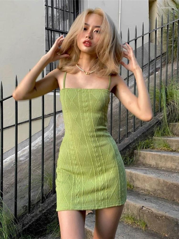 

Casual Dresses HOUZHOU Sexy Fashion Elegant Streetwear Sling Mini For Women 2023 Hoilday Beach Knit Stretch Slim Office Lady Dress, Green