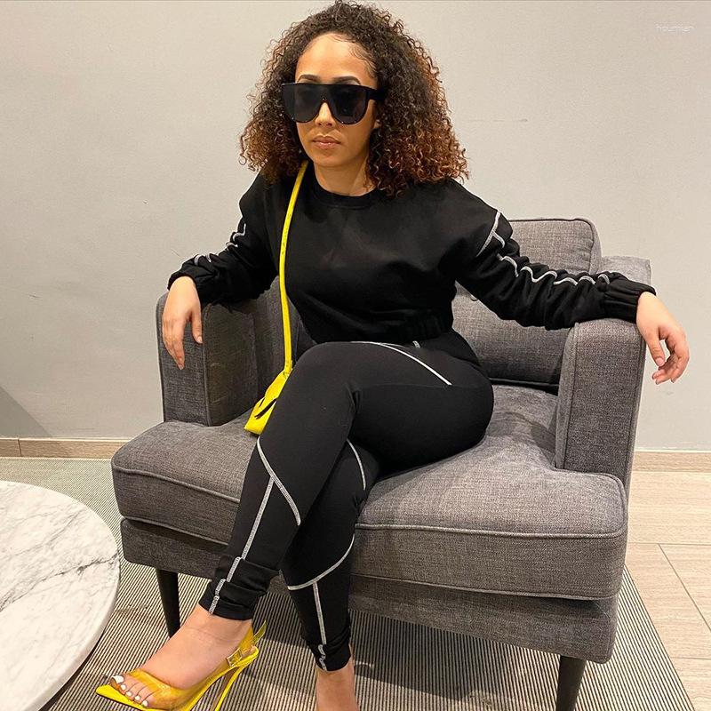 

Women' Two Piece Pants European And American Round Neck Long-sleeved Short Top Tight-fitting Reverse Wear Sports Solid Color Two-piece