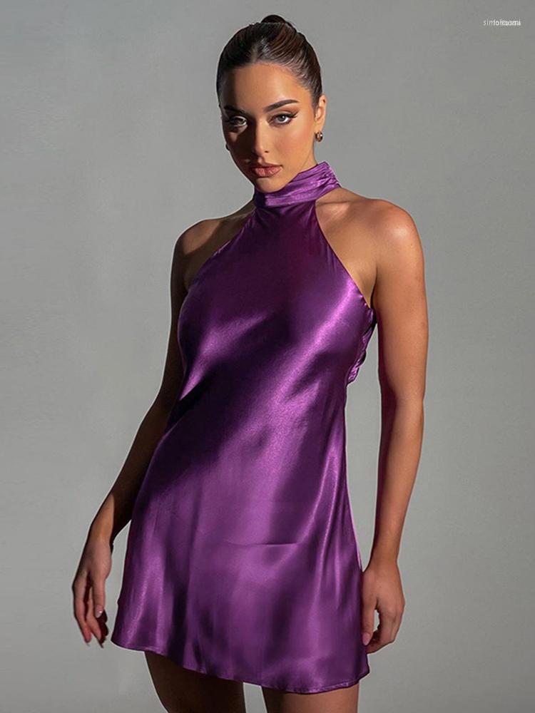 

Work Dresses 2023 Summer Elegant Sexy Satin Mini Dress Women Halter Backless Slim Bodycon Sleeveless Party Robes Outfit, Yellow