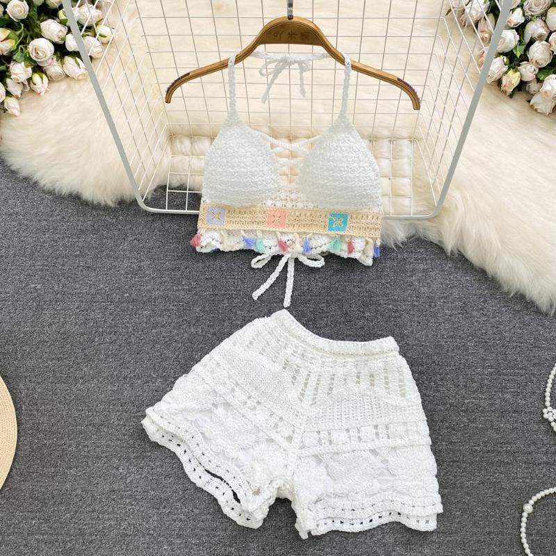 

Women's Tracksuits Holiday Seaside White Beach Shorts Suits For Women Sexy Halter Neck Backless Bra Vest Two-piece Set High Waist Wide Leg, 05366kw