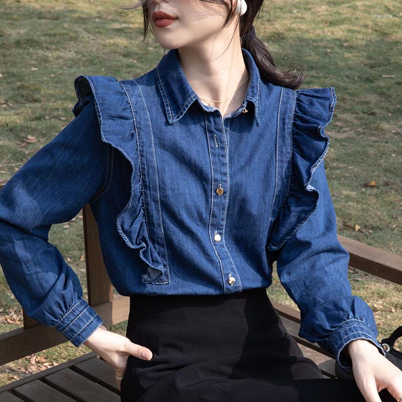 

Women' Blouses Sweet Ruffles Denim Blouse Women Korean Fashion Polo Collar Jean Shirts Loose Spring Tops Long Sleeves Chic Blue Blusas