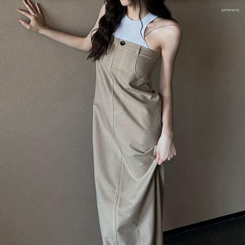 

Casual Dresses French Vintage Celebrity Style Tank Top Dress Women' Summer Design Slim Long Vestidos, Khaki
