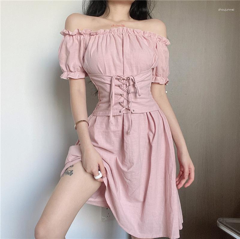 

Party Dresses Kywommnz One Word Collar Corn Eyelet Strap Waist Dress Women Thin Temperament Wood Ears Mid-length Skirt Summer 2023 E2623, Pink