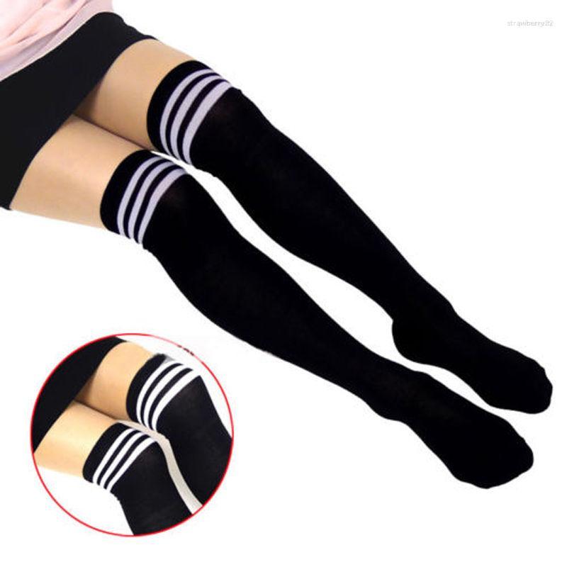 

Women Socks Arrival Sexy Girls Students Stripe Cotton Over Knee Thigh High Stockings Long, Black