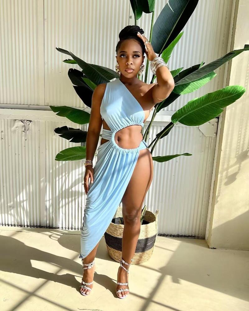 

Casual Dresses Fried Street Fashionable High Sense Summer Women' Clothing Fashion Solid Color Sleeveless Hollow Irregular Dress, Sky blue