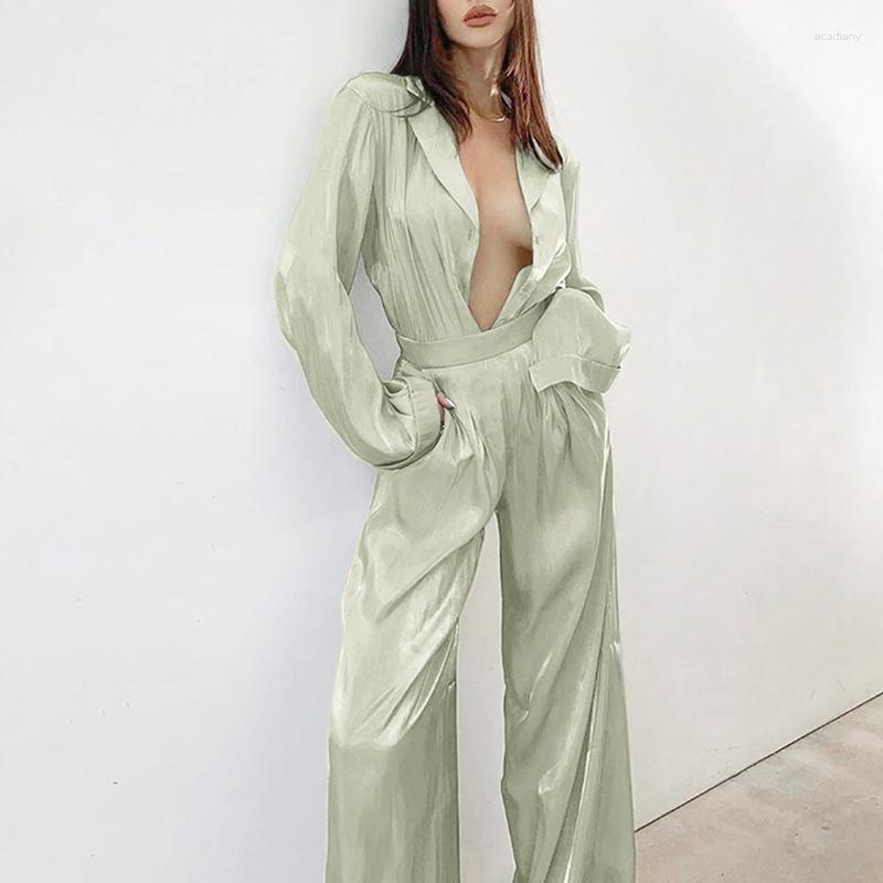 

Women's Sleepwear Heydress Women Spring Sets Of Elegant Green Vintage Two Piece Lady Long Sleeve Top And High Waist Pants 2 Set Female