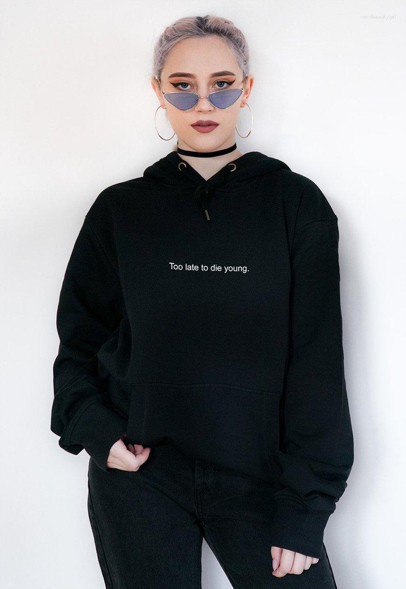 

Women' Hoodies Too Late To Die Young Aesthetic Clothing Tumblr Grunge Funny Letter Printed Harajuku Top Slogan Pullover Plus Size, Black- white text