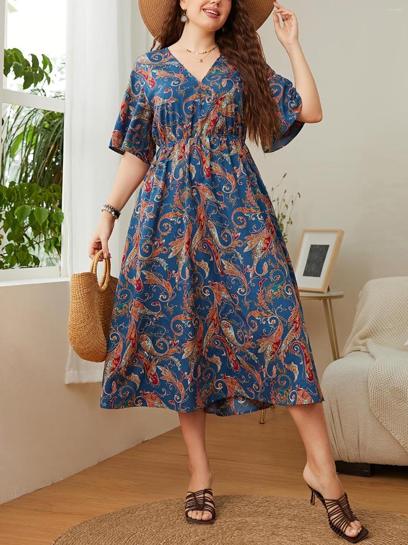 

Plus Size Dresses Paisley Print Short Sleeve V Neck Maxi Dress Women's Elegant Long, Blue