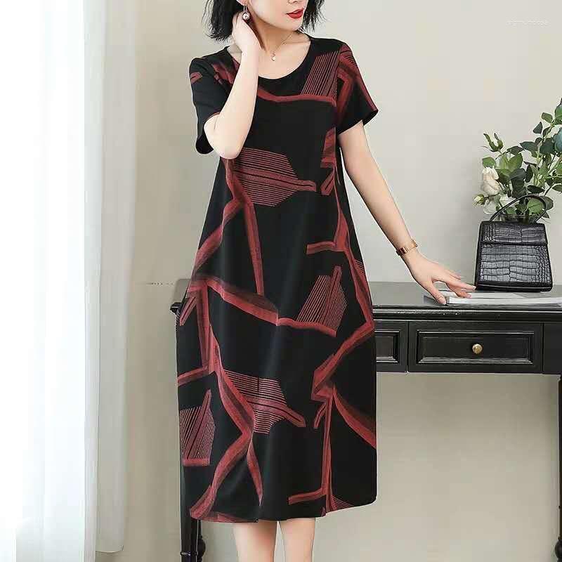 

Casual Dresses Stylish Geometric Printed Spliced Loose Summer Short Sleeve Female Clothing A-Line Vintage Round Neck Midi Dress, Picture color red