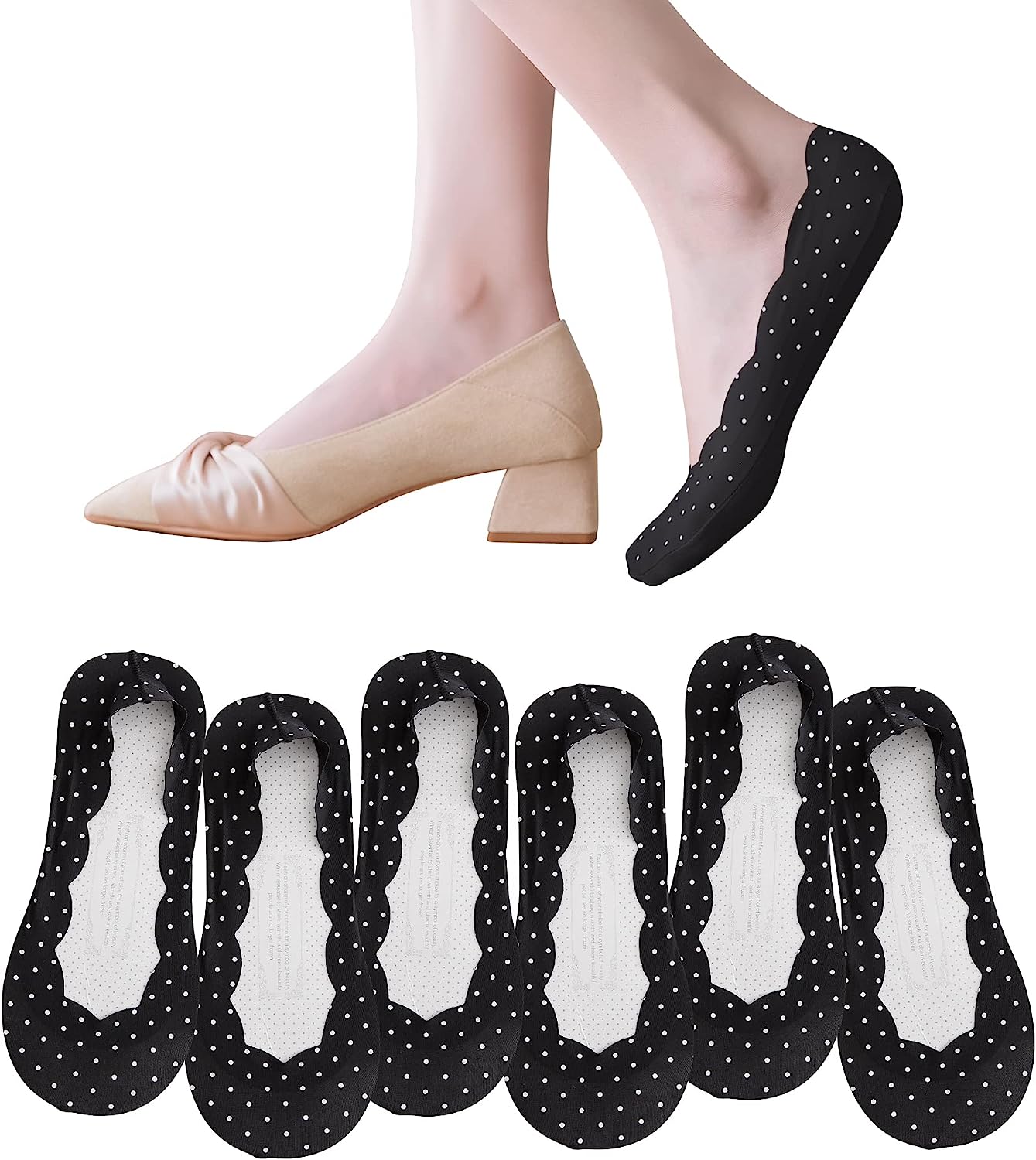 

10 Pairs No Show Socks Womens Low Cut Liner Socks Lace Casual No Show Non-Skid Boat Socks F461, Black