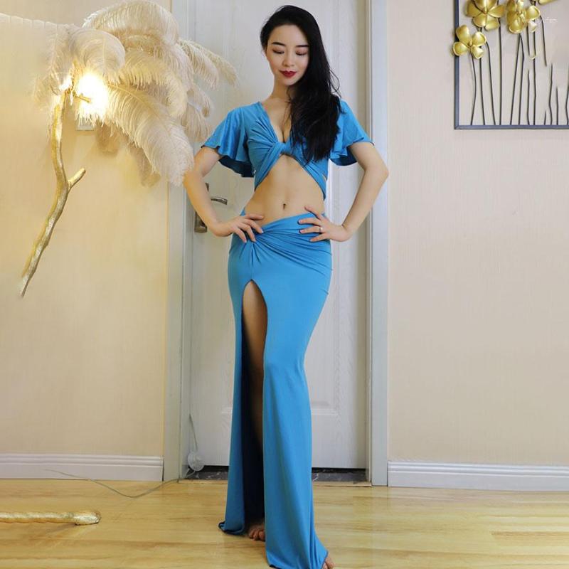 

Stage Wear Belly Dancing Attire For Adult Female Sexy Top Long Skirt Performance Clothes Suit Profession Practice Pants Summer, Blue