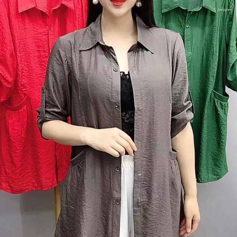 

Women's Blouses Summer Fashion Solid Color Midi Shirt Commute Basic Pockets Women's Clothing Turn-down Collar Casual Half Sleeve Loose, Coffee grey