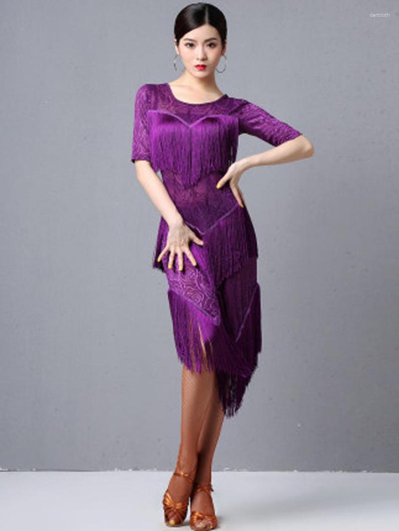 

Stage Wear Latin Dance Practice Clothing Female Adult Summer Show Performance Sexy Tassel Dress, Black