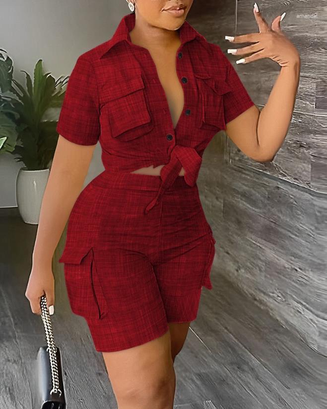 

Women' Tracksuits Two Piece Sets Women Outifit 2023 Summer Fashion Pocket Design Buttoned Turn-Down Collar Crop Top & Casual High Waist