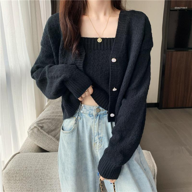 

Women's Knits Knitted Cardigan Suspender Tops Clothing Sweater Korean Women Two Piece Set Long Sleeve Casual Loose Lady