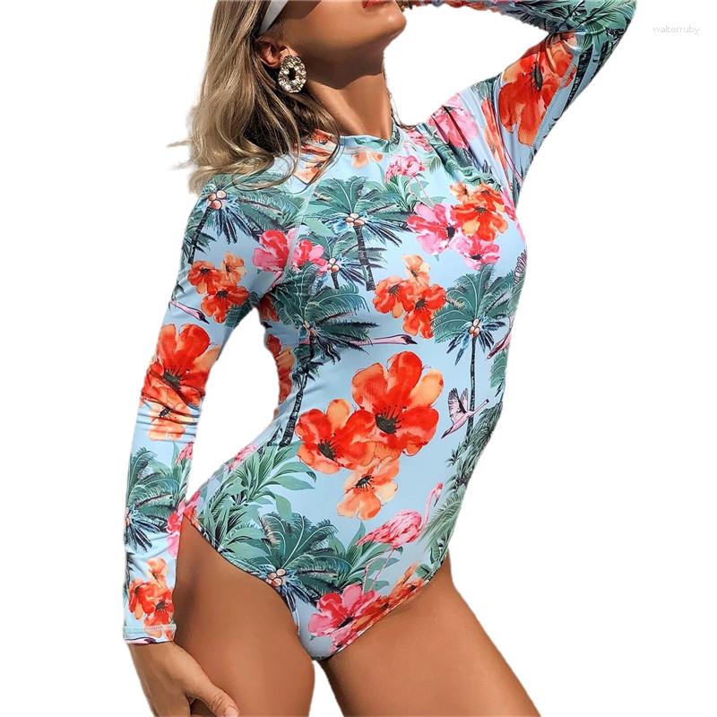 

Women' Swimwear Women Backless One-piece Swimsuit Adults Padded Wire-Free Flower Print Long Sleeve Round Neck, Blue