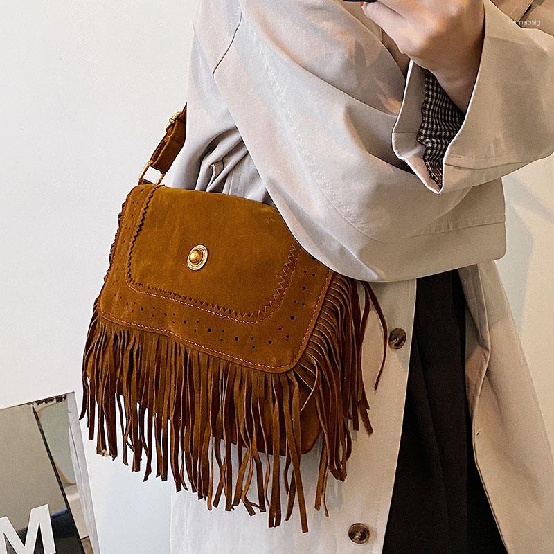 

Evening Bags Autumn And Winter Retro Frosted Tassel Messenger Bag Bohemian Ethnic Style Solid Cross Body High Quality Mujer Bolso, Black