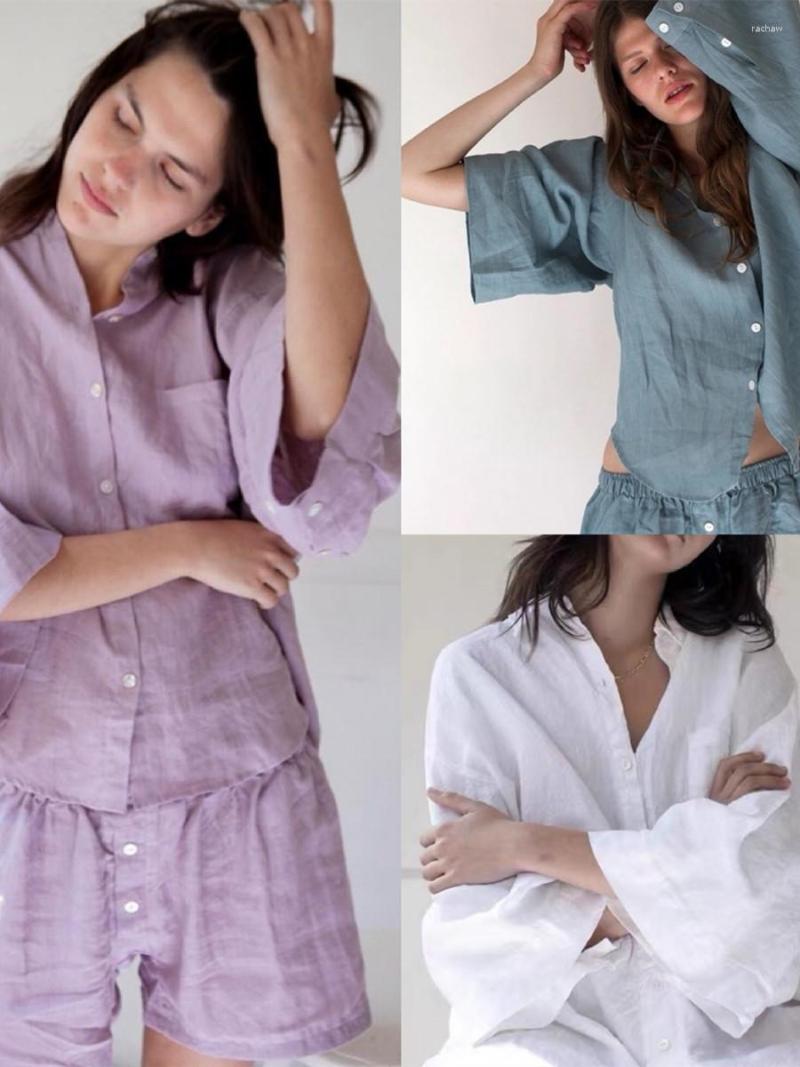 

Women' Tracksuits Women Solid Color Set With Buttons 2023 Summer Lady Turn-down Collar Quarter Sleeve Loose Blouse Or Elastic Waist Simple, Purple set