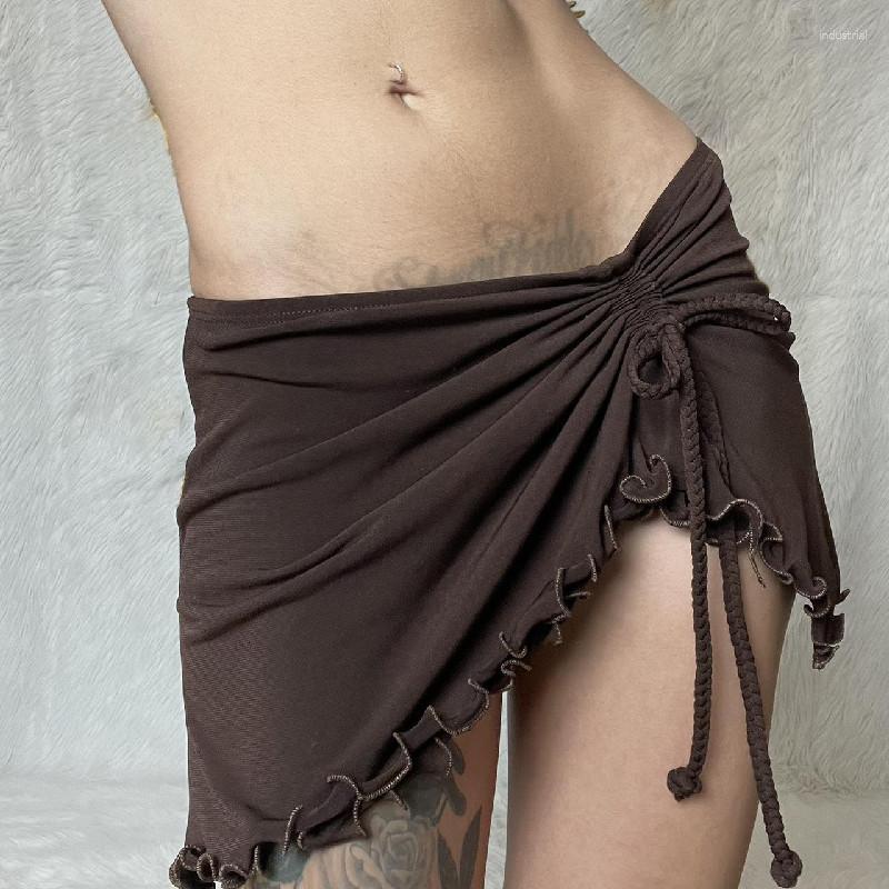 

Skirts 2023 Spring And Summer Europe The United States Ins Women's Fashion American Retro Fold Drawstring Waist Skirt, Dark brown