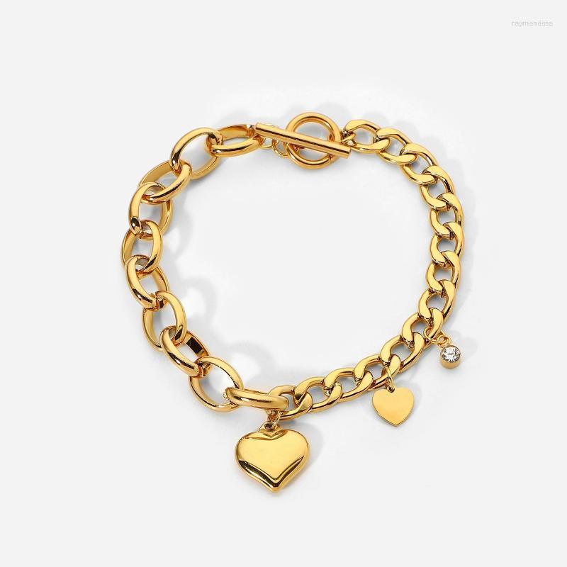 

Link Bracelets Chain Stainless Steel Chunky Cuban Bracelet Bangles With Sweet Zircon Heart Charm 18k Gold Plated OT Buckle Fashion Jewelry