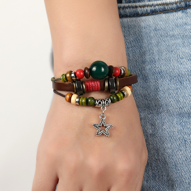 

New design multi-layer beaded cowhide bracelet Pentagram small pendant girl heart