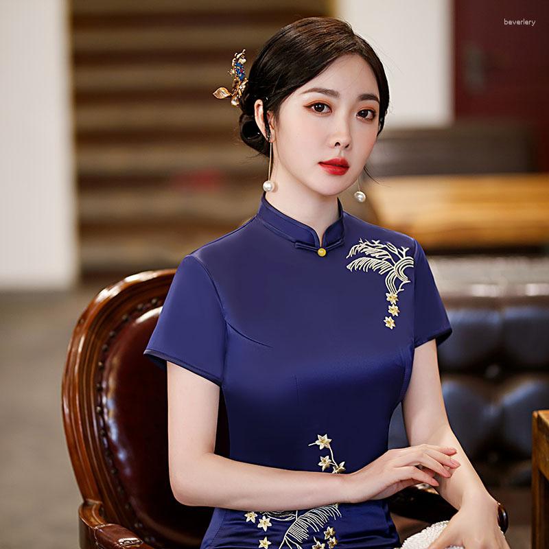 

Ethnic Clothing Sheng Coco Navy Blue Embroidered Cheongsam Medium Length Style Fashion Large Size Elegant Banquet Lady Oriental China Qipao