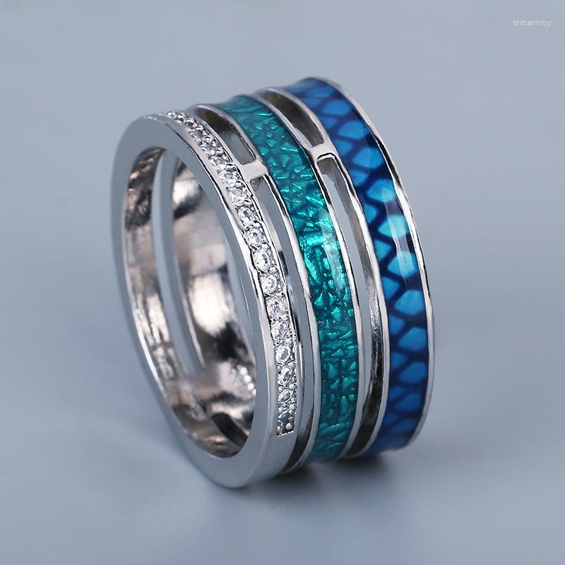 

Cluster Rings Fashion Creative Three-layer Blue Zircon Geometric Ring 925 Silver Handmade Enamel Jewelry Engagement For Women