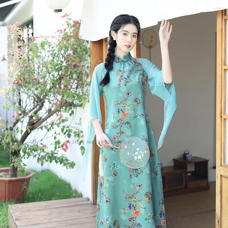 

Ethnic Clothing 2023 Traditional Chinese Dress Qipao Retro Evening Vintage Flower Print Chiffon Cheongsam Women Hanfu Vestido