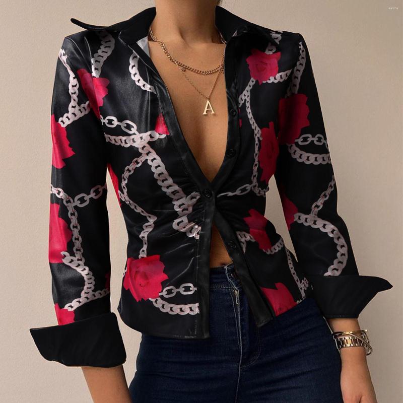 

Women' Blouses Pu Leather Shirts Womens Valentine' Day Rose Chain Print Long Sleeve Casual Blouse Slim 2023 Spring Office Blusas, Blue