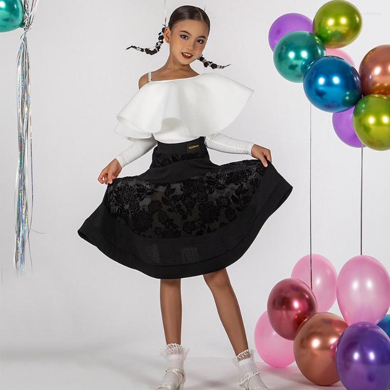 

Stage Wear 2023 Black Latin Dance Skirts Flower Design Ballroom Dancewear Cha Samba Rumba Costumes Autumn Dress KID22D194, Black skirt