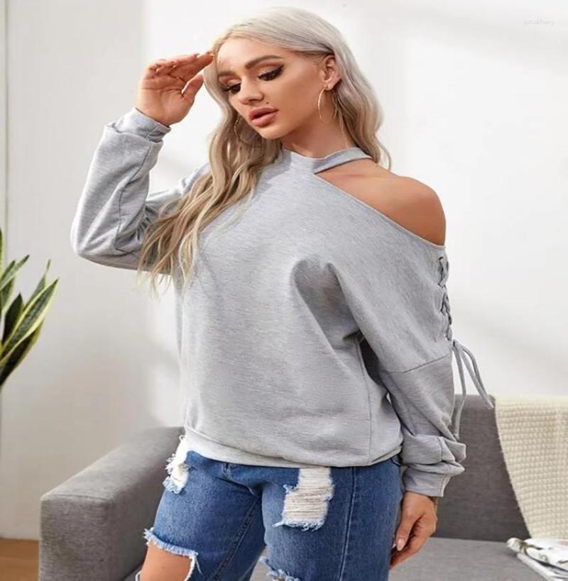 

Women' Hoodies 2023 Feminine Sweatershirts Off Shoulder European Style Fashion Tops Spring Summer Draw String Pullovers, Grey