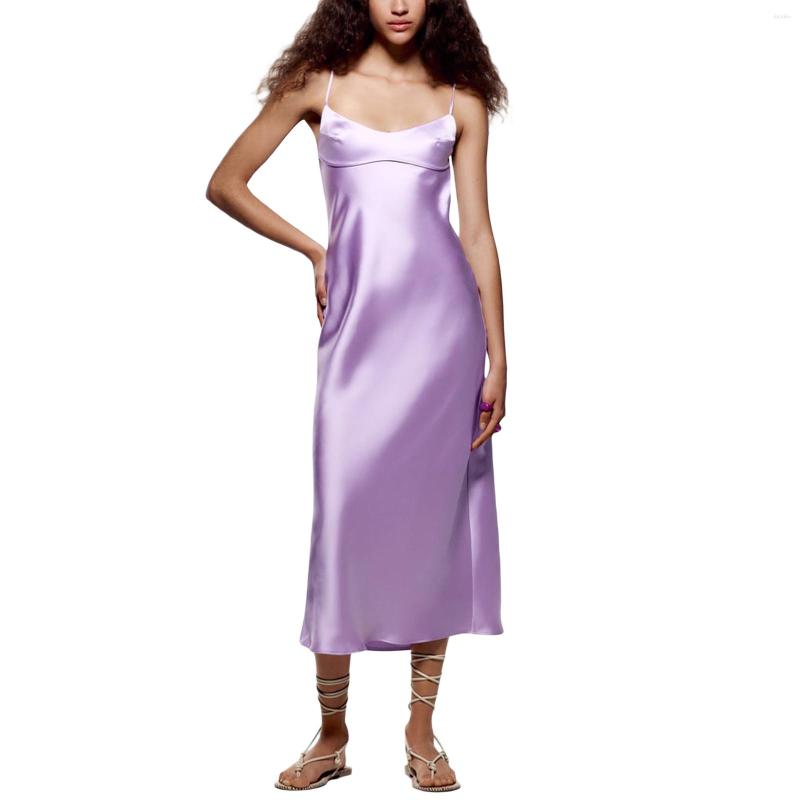 

Casual Dresses Ladies Temperament Silky Slip Dress Women Leisure Style Solid Color V-neck Sleeveless Backless Slim Long
