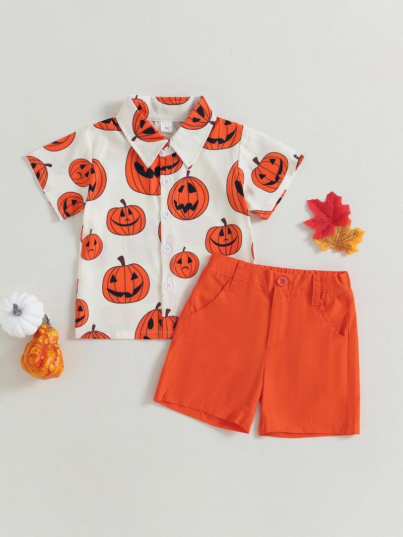 

Clothing Sets FOCUSNORM 2Pcs Infant Kids Boys Halloween Gentleman Clothes 1-6Y Short Sleeve Pumpkin Print Button Down Shirt Shorts, White black orange