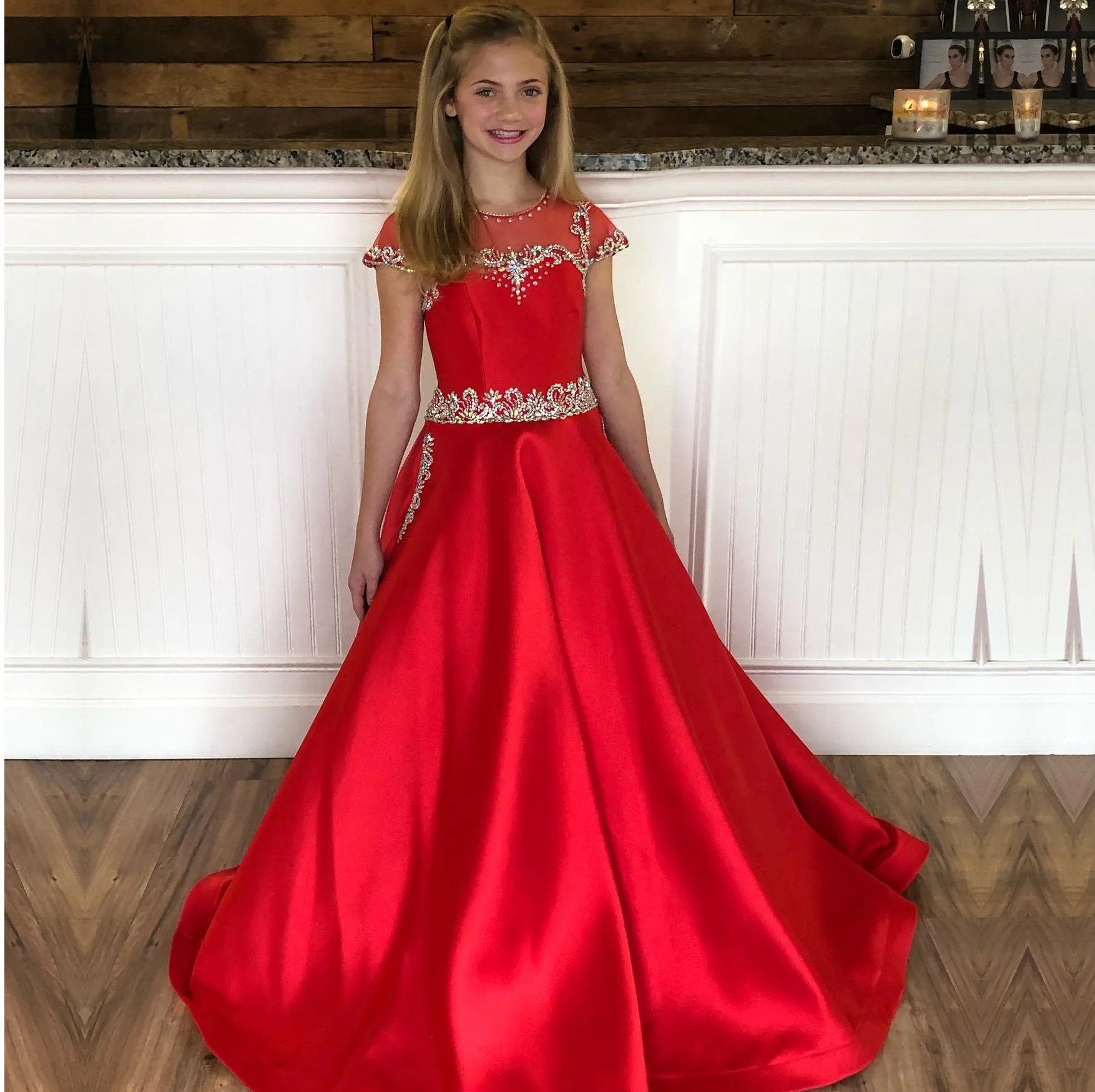 

Red Satin Pageant Dress for Teens Juniors Pockets Sparkle Bling Crystal Long Pageant Gown for Little Girl Cap Sleeve Formal Party rosie, Pink