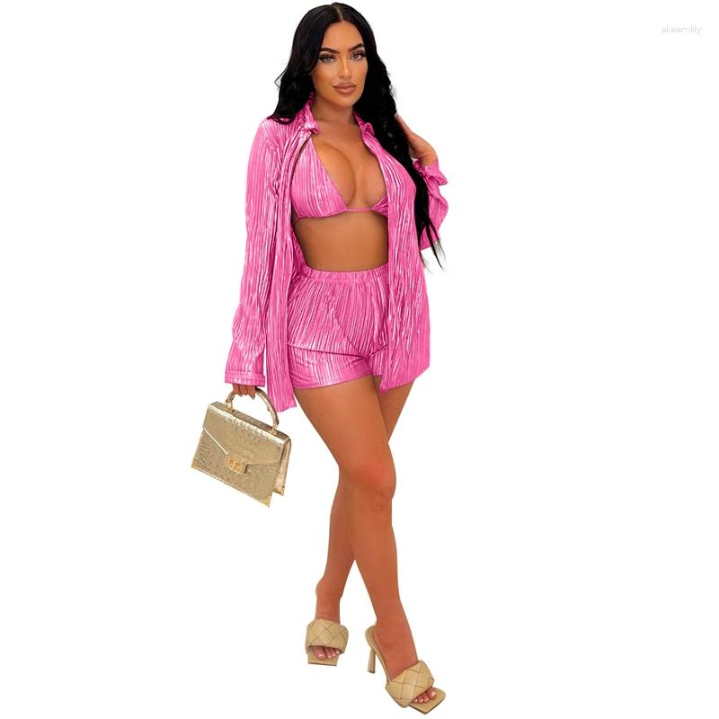 

Women's Tracksuits STYLISH LADY Pleated 3 Piece Set Women Long Sleeve Shirt Bra Shorts Suits 2023 Autumn Sweet Club Party Street OL Outfits, Rose red