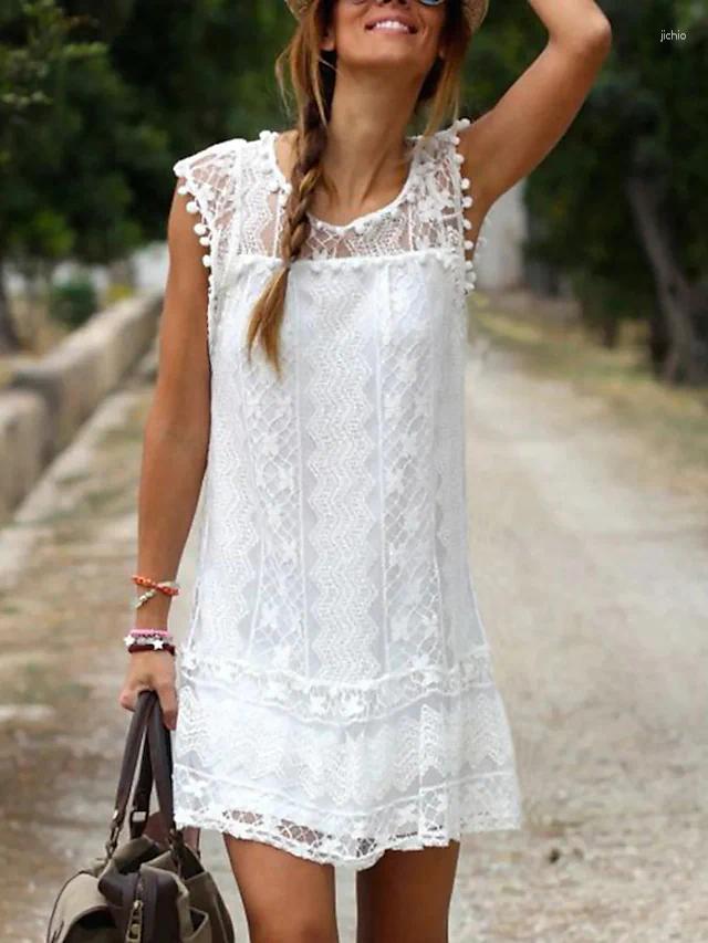 

Casual Dresses 2023 Women' Dress Lace Shift White Mini Sleeveless Pure Color Spring Summer Crew Neck, Black