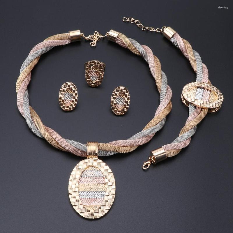 

Necklace Earrings Set African Jewelry Gold Color Bracelet Ring For Women Wedding Bridal Pendant Jewellry, Picture shown