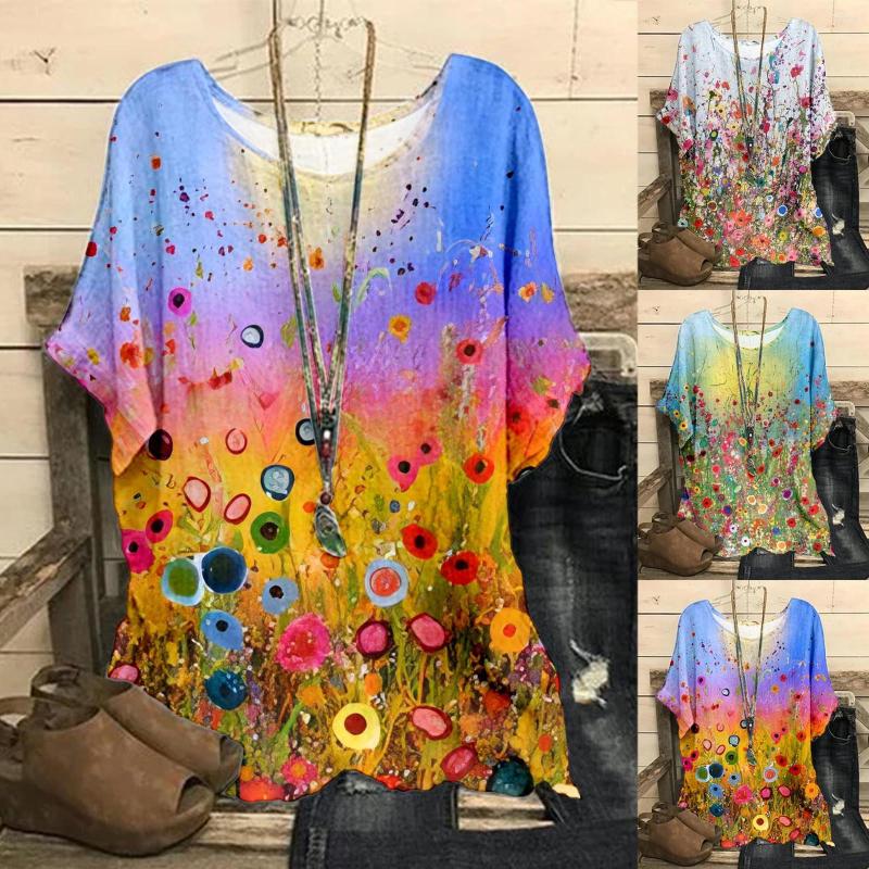 

Women' Blouses Elegant Teens Women Shirt Loose Casual Flower Printed O Neck Top Oversized Tops Summer Tunics Blusas Mujer, Light blue