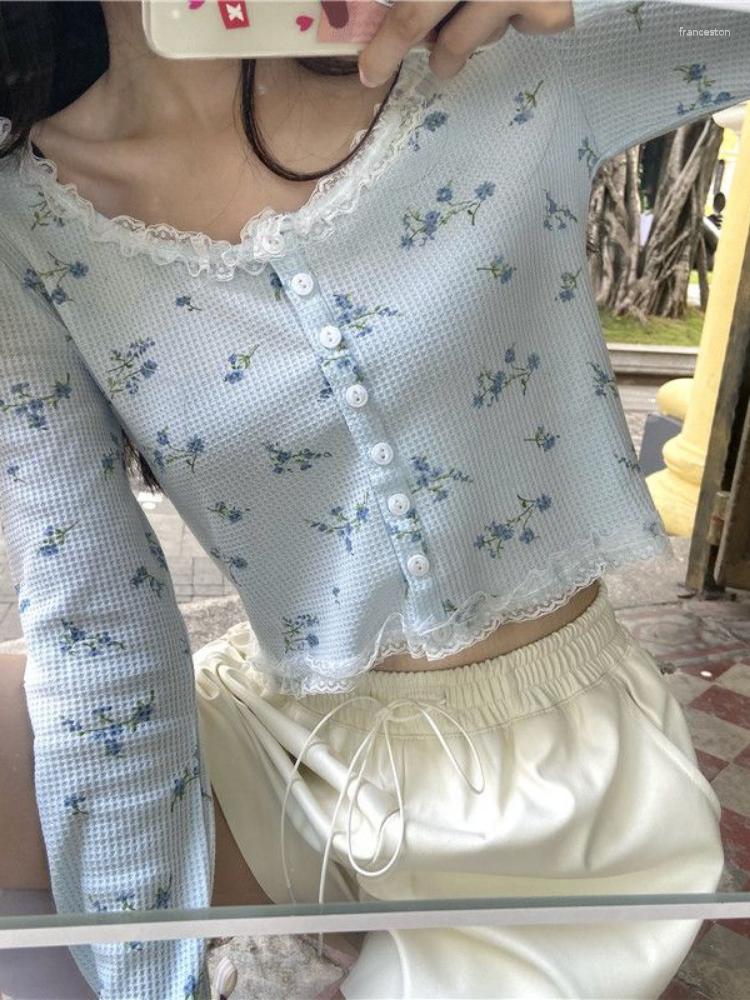 

Women' Knits Korean Fashion Vintage Floral Print Cropped Cardigan Lace Patchwork Loose Single Breasted Tops Women Y2k Aesthetic Top, Blue