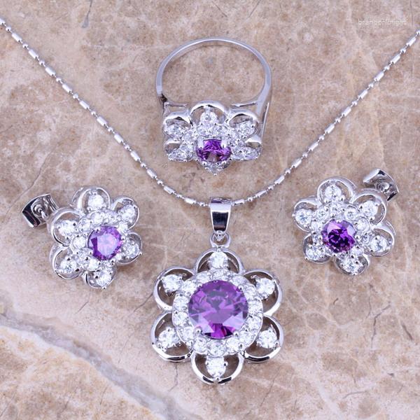 

Necklace Earrings Set Absorbing Purple Cubic Zirconia White CZ Silver Plated Pendant Ring Size 6/7/8 S0167, Picture shown