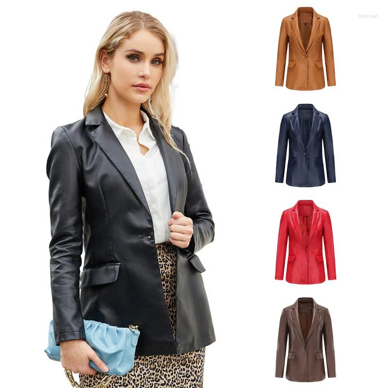 

Women' Jackets Fashion Sexy Leather Coat Small Suit Long-Sleeved Women' Single Button Commute Leisure Solid Color, Black