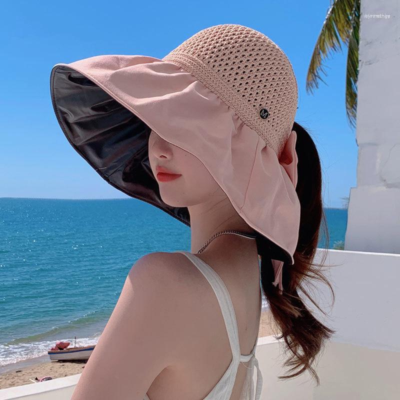 

Wide Brim Hats Summer Sun Hat Female Cornice Anti Ultraviolet Covering Face Sunscreen Fashion Versatile Big Protection, Black