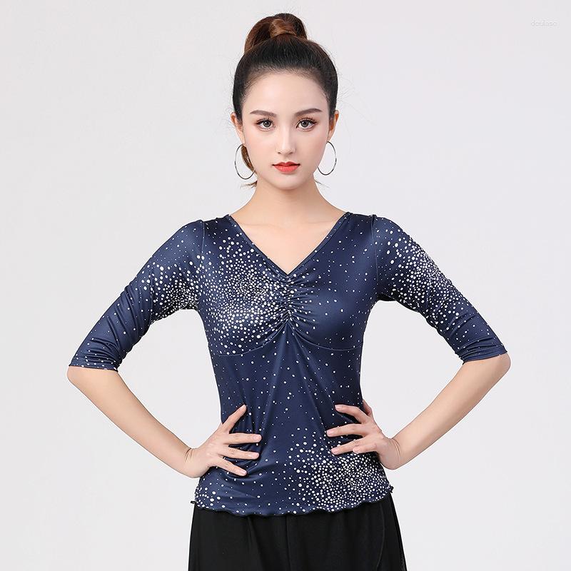 

Stage Wear Women Latin Dance Costume Female Adult Half Sleeve V-neck Spring And Summer T-shirt Modern Dancing Clothes Uniform, Blue