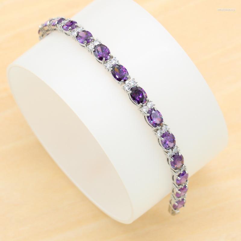 

Link Bracelets 8 Colors Available Purple White Zirconia Silver Color Bracelet For Women Birthday Wedding Jewelry Gift 18cm Dubai