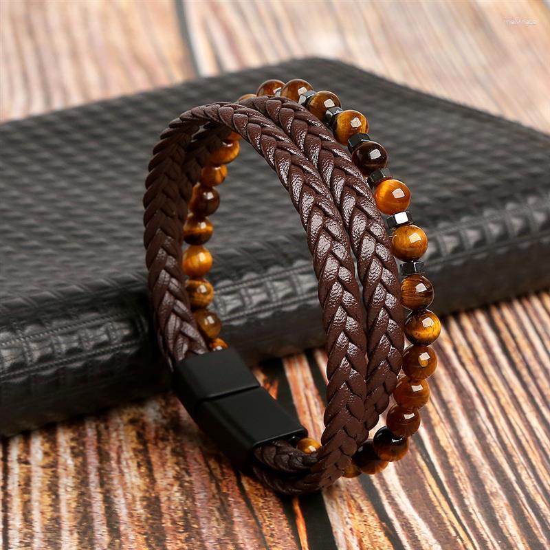 

Charm Bracelets Fashion Classic Tiger Eye Beaded Multi Layer Leather Bracelet For Men Hand-Woven Punk Bangle Jewelry Gifts