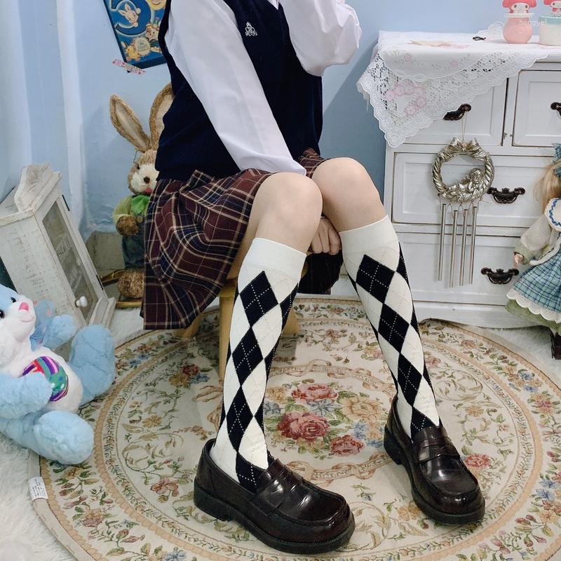 

Women Socks Japanese JK Uniform Lolita Diamond Stockings Female Spring And Summer Tide Black White Retro Boots Cotton Calf