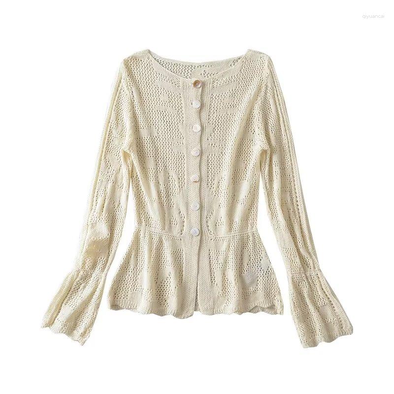 

Women' Blouses 2023 Summer Fashion Sweet Round Neck Long Sleeve Waist Slim Hollow Knit Cardigan Top Women, White