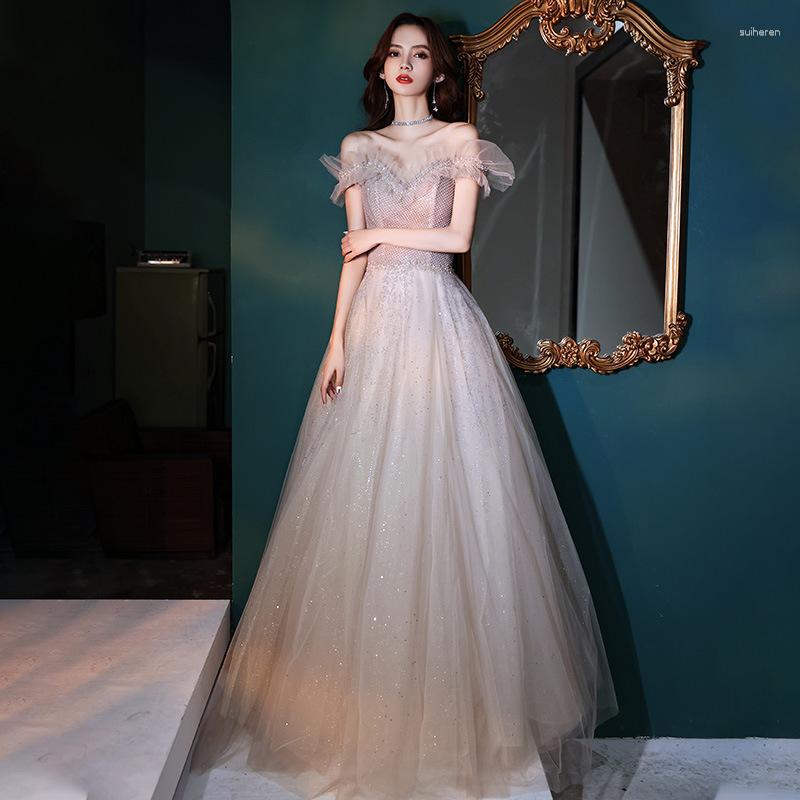 

Ethnic Clothing Bling Sequins Bridal Wedding Dresses Gown Mesh Temperament Off Shoulder Cheongsam Sexy Strapless Lace Woemn Pleated Vestidos