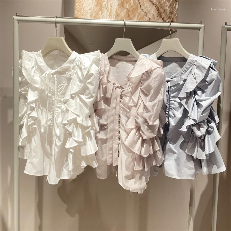 

Women's Blouses DUTRIEUX 2023 Spring Japan Style Shirt Ruffles Lacing Neck Flare Sleeve Blusas Sweet Women Blouse Mujer De Moda, Gray beige